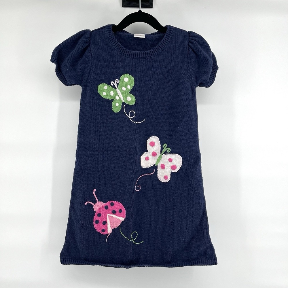 Gymboree Girls Size 7 Navy Blue Sweater Dress Short Sleeve Butterfly Garden 2009
